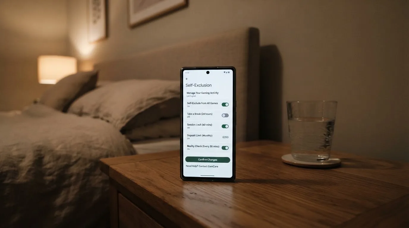 A phone displaying a self-exclusion settings screen next to a glass of water on a bedside table.
