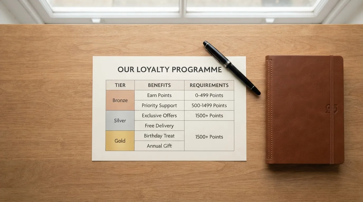 A desk with a printed loyalty-tier chart, a fountain pen, and a closed leather notebook.