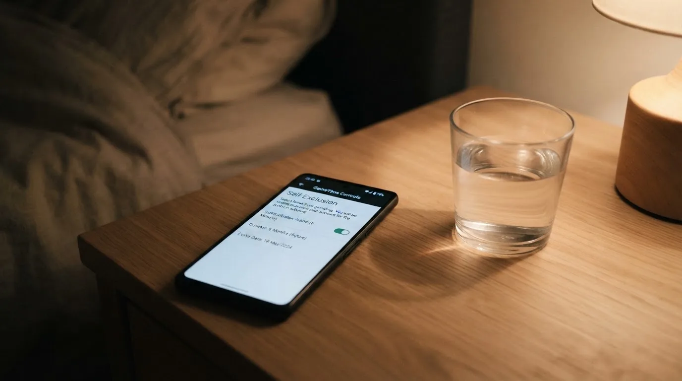 A phone displaying a self-exclusion settings screen next to a glass of water on a bedside table.