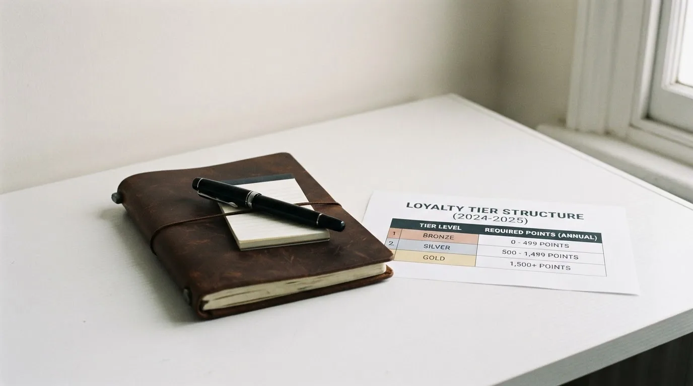 A desk with a printed loyalty-tier chart, a fountain pen, and a closed leather notebook.